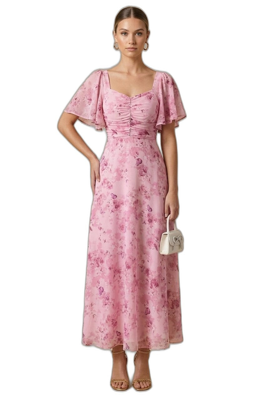 Elegant Floral Maxi Dress for Women with Square Neck Puff Sleeve Ruched Fit And Flare Formal Wedding Guest Style