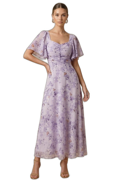 Elegant Floral Maxi Dress for Women with Square Neck Puff Sleeve Ruched Fit And Flare Formal Wedding Guest Style