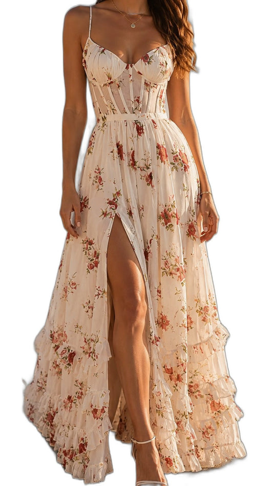Elegant Floral Maxi Dress for Women with Sweetheart Spaghetti Strap Tiered Vacation Style