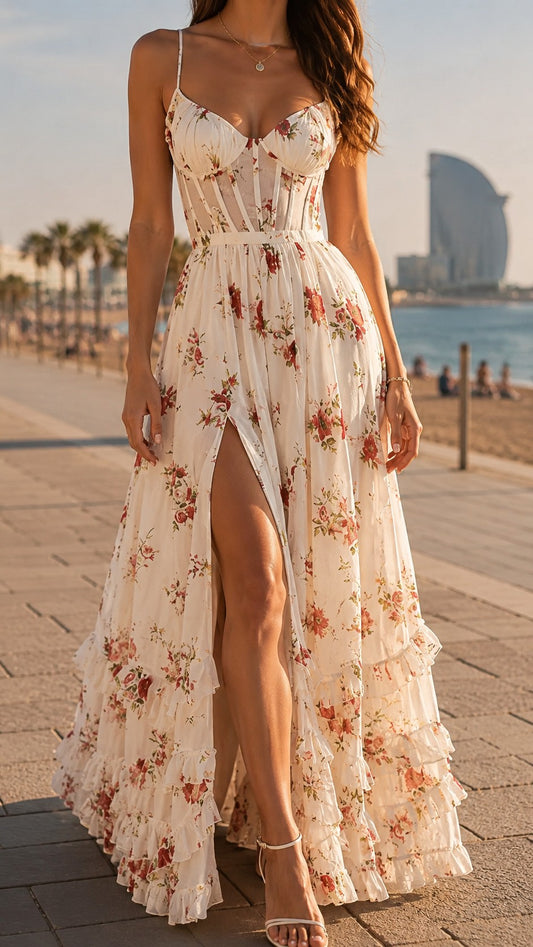 Elegant Floral Maxi Dress for Women with Sweetheart Spaghetti Strap Tiered Vacation Style