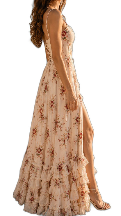 Elegant Floral Maxi Dress for Women with Sweetheart Spaghetti Strap Tiered Vacation Style