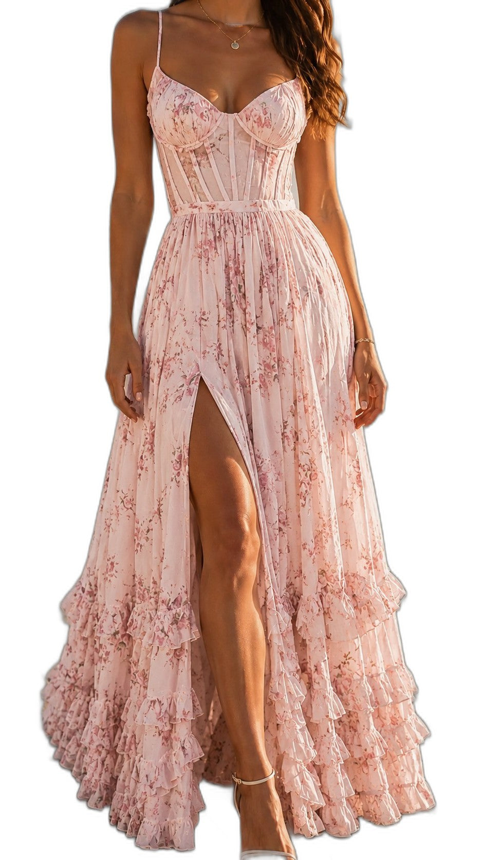 Elegant Floral Maxi Dress for Women with Sweetheart Spaghetti Strap Tiered Vacation Style