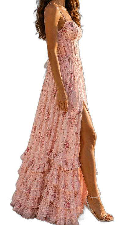 Elegant Floral Maxi Dress for Women with Sweetheart Spaghetti Strap Tiered Vacation Style