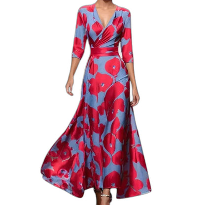 Elegant Floral Maxi Dress for Women with V Neck Elbow Sleeve Wrap Fit And Flare Cocktail Style