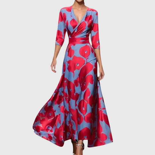 Elegant Floral Maxi Dress for Women with V Neck Elbow Sleeve Wrap Fit And Flare Cocktail Style
