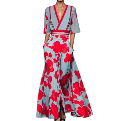 Elegant Floral Maxi Dress for Women with V Neck Elbow Sleeve Wrap Fit And Flare Cocktail Style