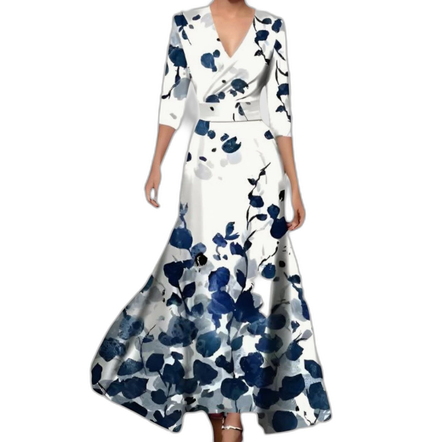 Elegant Floral Maxi Dress for Women with V Neck Elbow Sleeve Wrap Fit And Flare Cocktail Style