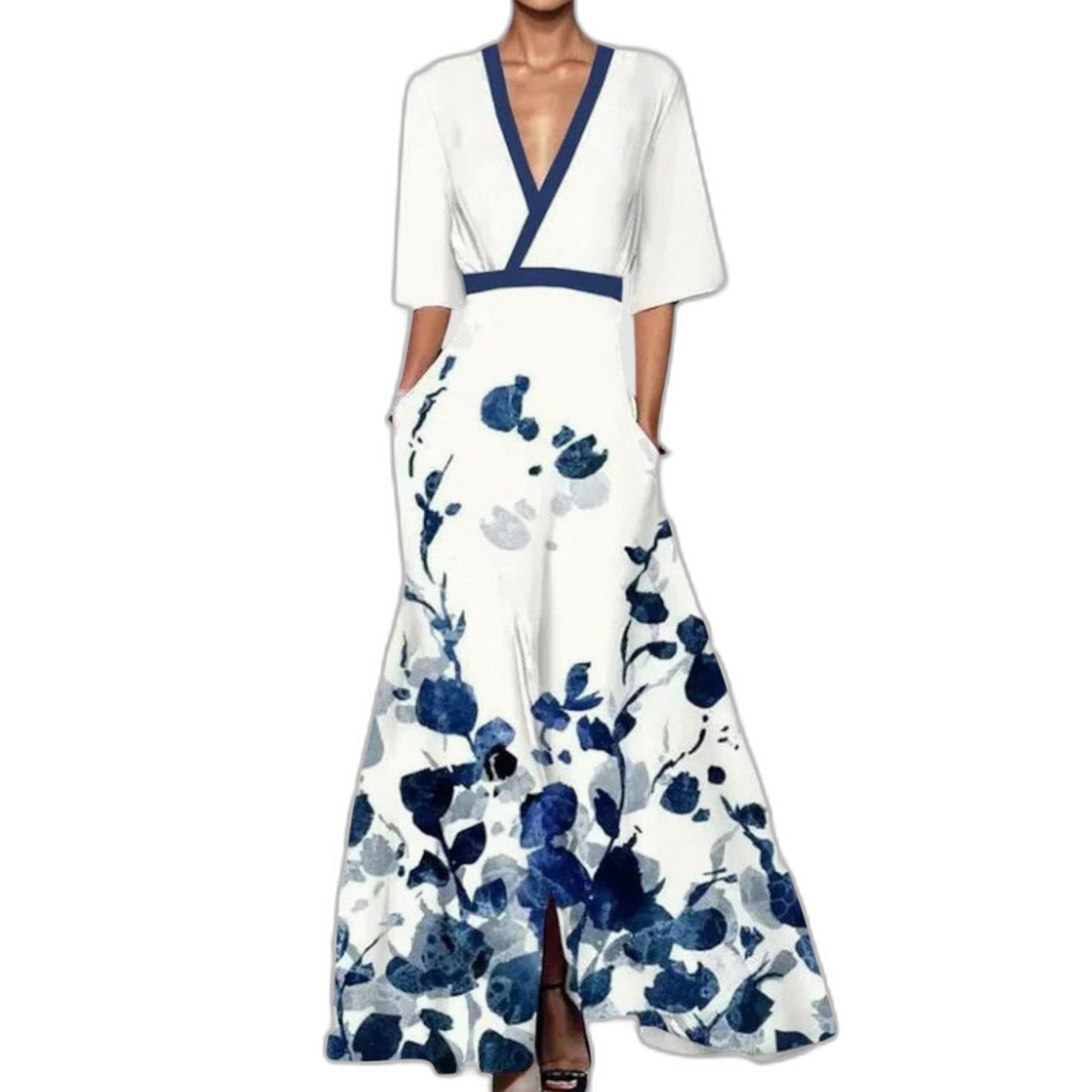 Elegant Floral Maxi Dress for Women with V Neck Elbow Sleeve Wrap Fit And Flare Cocktail Style