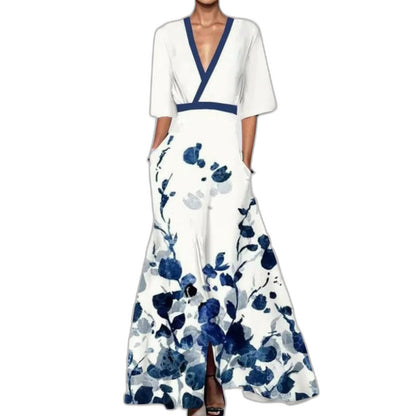Elegant Floral Maxi Dress for Women with V Neck Elbow Sleeve Wrap Fit And Flare Cocktail Style
