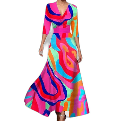 Elegant Floral Maxi Dress for Women with V Neck Elbow Sleeve Wrap Fit And Flare Cocktail Style