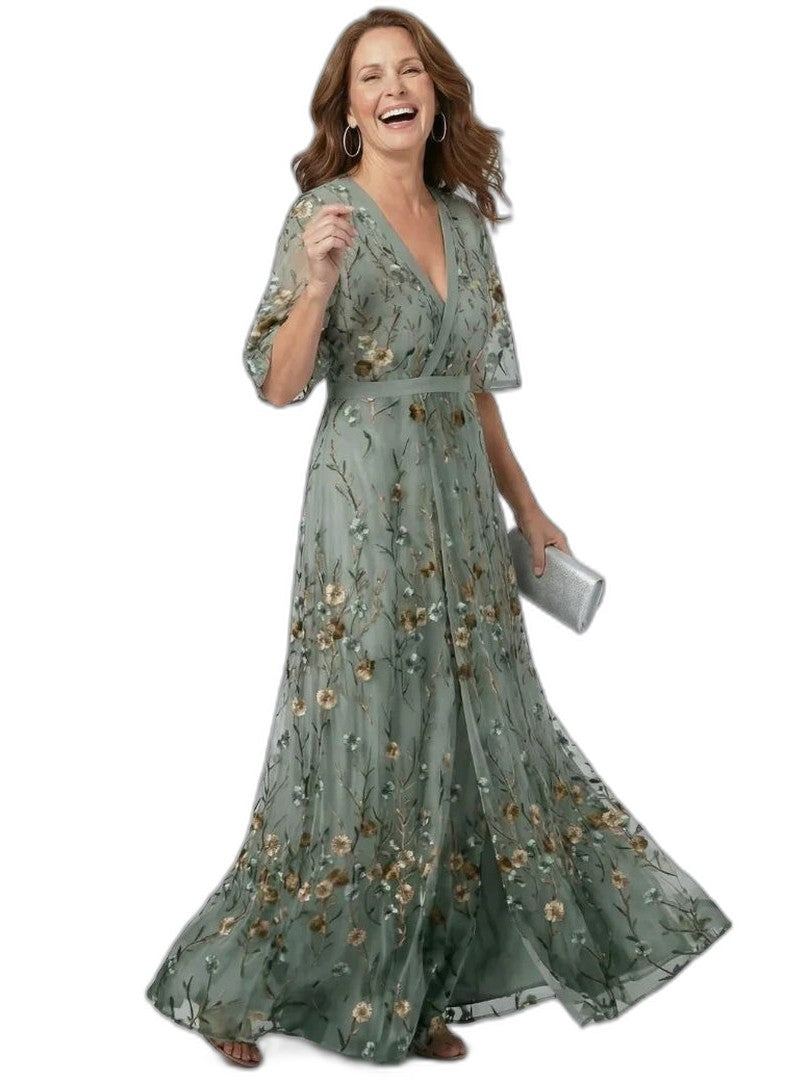 Elegant Floral Maxi Dress for Women with V Neck Elbow Sleeve Wrap Formal Wedding Guest Style