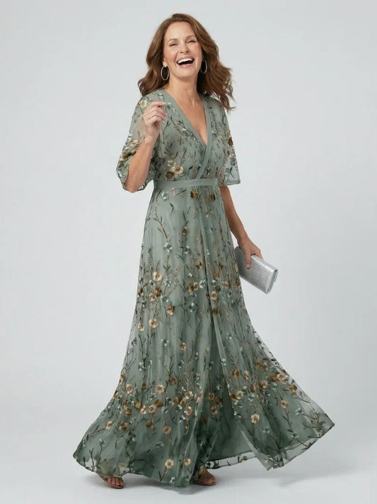 Elegant Floral Maxi Dress for Women with V Neck Elbow Sleeve Wrap Formal Wedding Guest Style