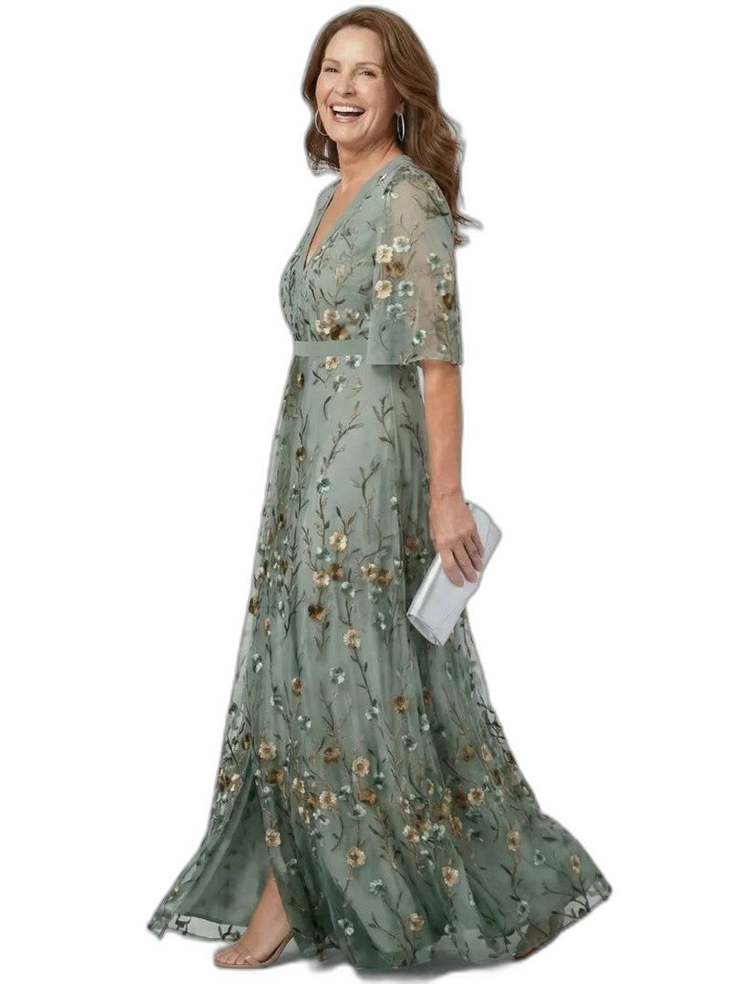 Elegant Floral Maxi Dress for Women with V Neck Elbow Sleeve Wrap Formal Wedding Guest Style