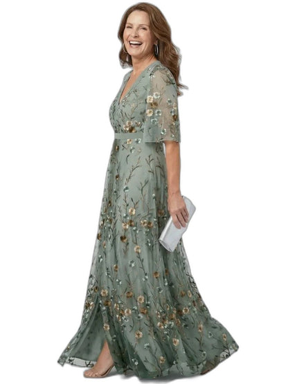 Elegant Floral Maxi Dress for Women with V Neck Elbow Sleeve Wrap Formal Wedding Guest Style