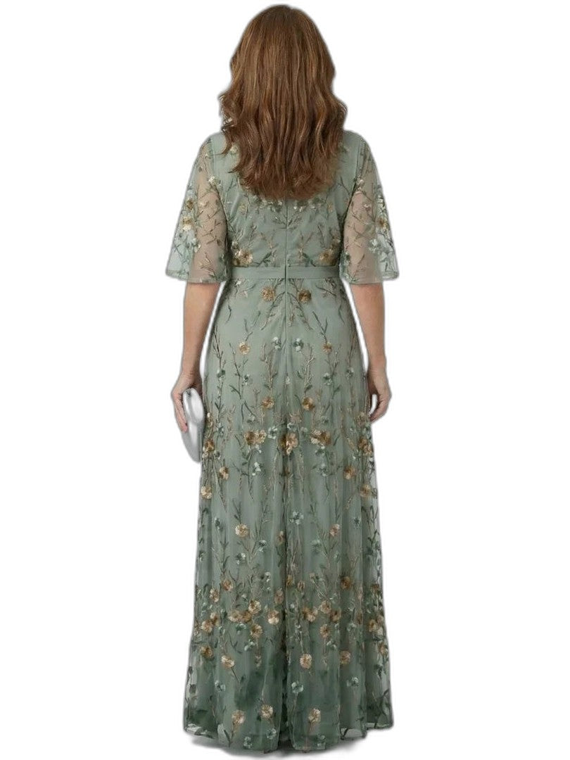 Elegant Floral Maxi Dress for Women with V Neck Elbow Sleeve Wrap Formal Wedding Guest Style