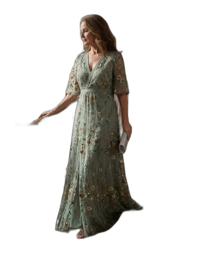 Elegant Floral Maxi Dress for Women with V Neck Elbow Sleeve Wrap Formal Wedding Guest Style