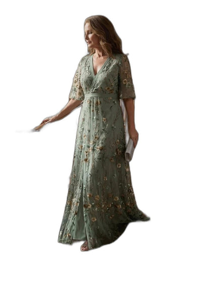 Elegant Floral Maxi Dress for Women with V Neck Elbow Sleeve Wrap Formal Wedding Guest Style