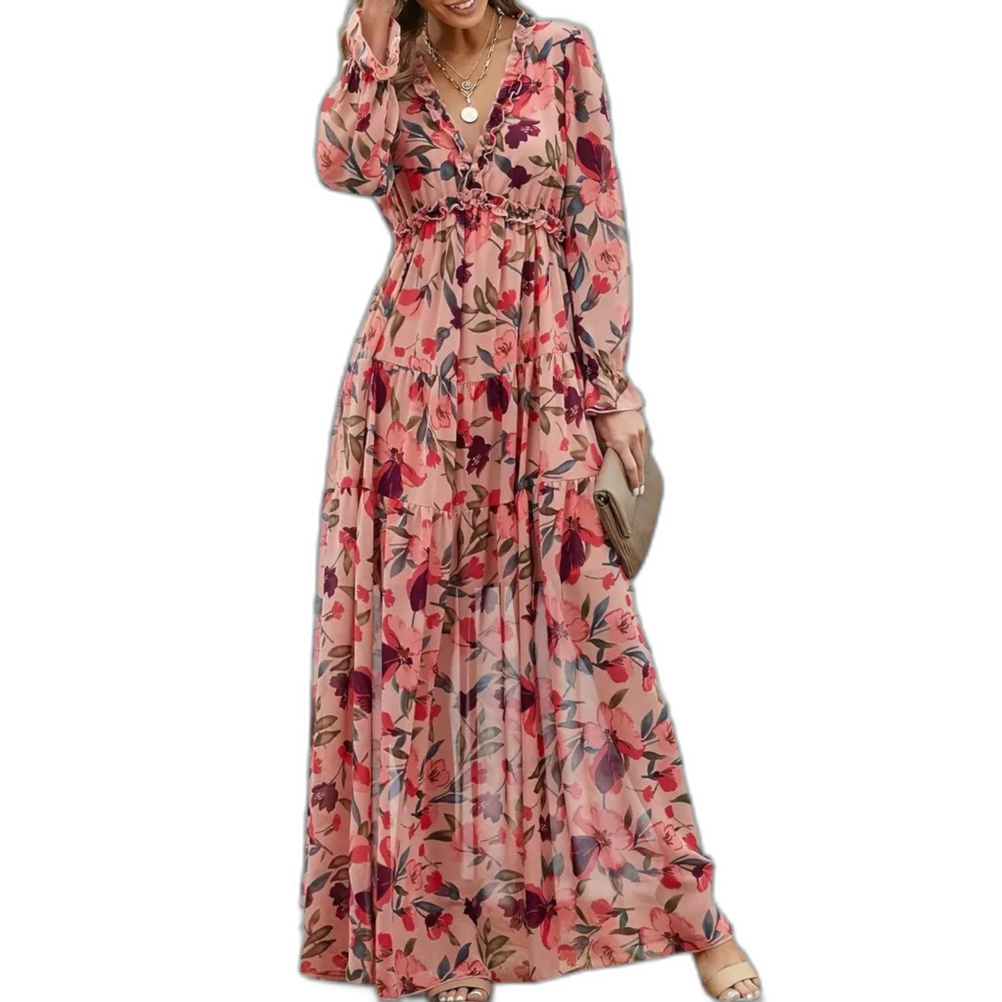 Elegant Floral Maxi Dress for Women with V Neck Long Sleeve Tiered Flowing Formal Wedding Guest Style