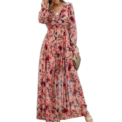 Elegant Floral Maxi Dress for Women with V Neck Long Sleeve Tiered Flowing Formal Wedding Guest Style