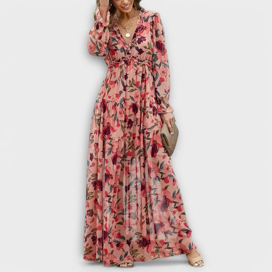 Elegant Floral Maxi Dress for Women with V Neck Long Sleeve Tiered Flowing Formal Wedding Guest Style