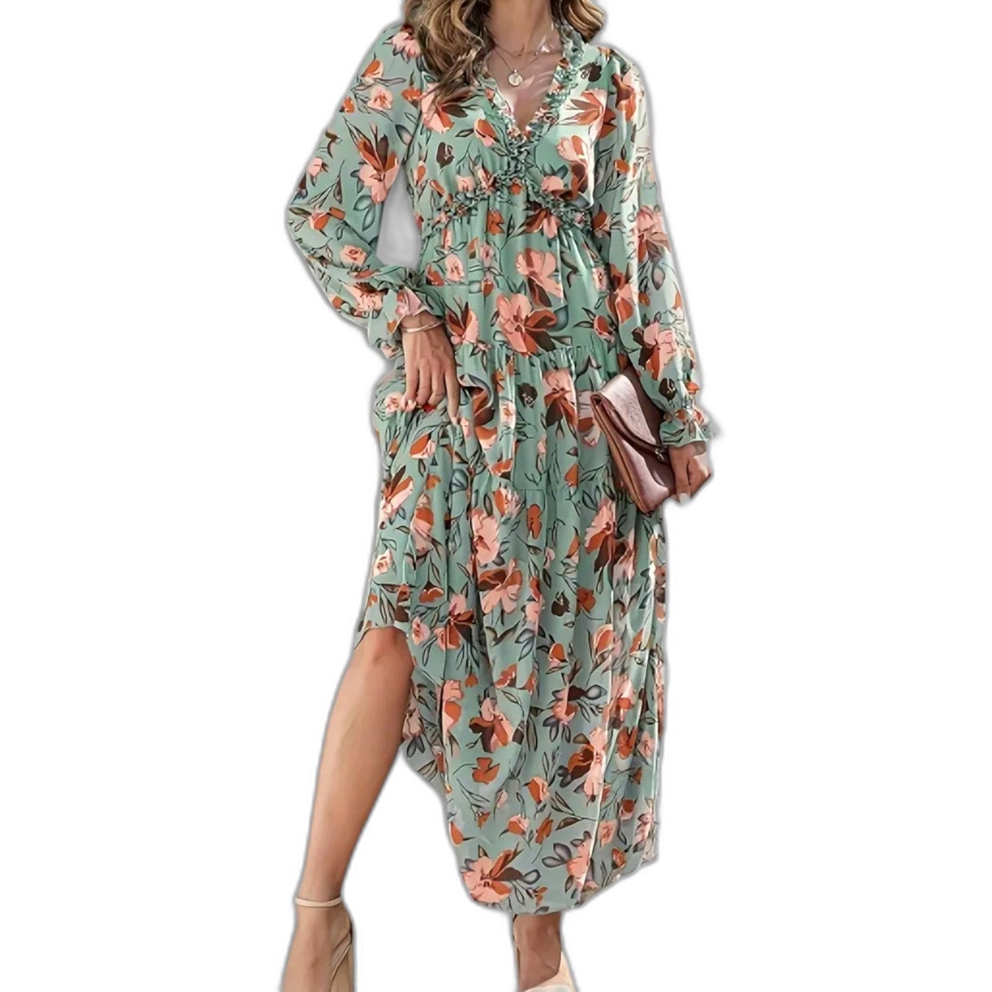 Elegant Floral Maxi Dress for Women with V Neck Long Sleeve Tiered Flowing Formal Wedding Guest Style