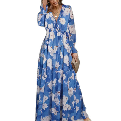 Elegant Floral Maxi Dress for Women with V Neck Long Sleeve Tiered Flowing Formal Wedding Guest Style