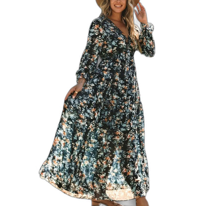 Elegant Floral Maxi Dress for Women with V Neck Long Sleeve Tiered Flowing Formal Wedding Guest Style