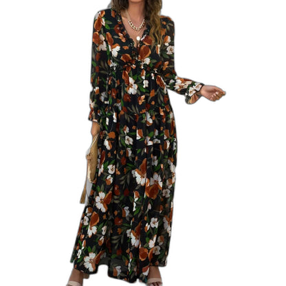Elegant Floral Maxi Dress for Women with V Neck Long Sleeve Tiered Flowing Formal Wedding Guest Style