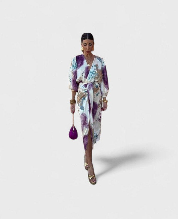 Elegant Floral Maxi Dress for Women with V Neck Long Sleeve Wrap Belted Flowing Cocktail Style