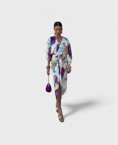 Elegant Floral Maxi Dress for Women with V Neck Long Sleeve Wrap Belted Flowing Cocktail Style