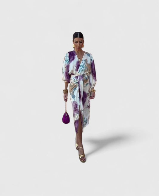 Elegant Floral Maxi Dress for Women with V Neck Long Sleeve Wrap Belted Flowing Cocktail Style
