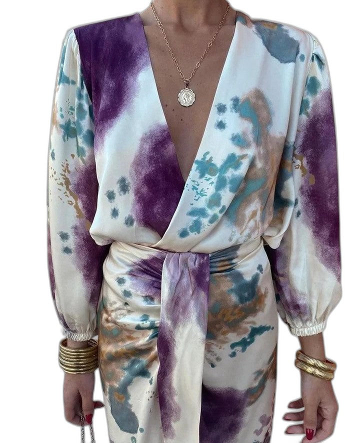 Elegant Floral Maxi Dress for Women with V Neck Long Sleeve Wrap Belted Flowing Cocktail Style