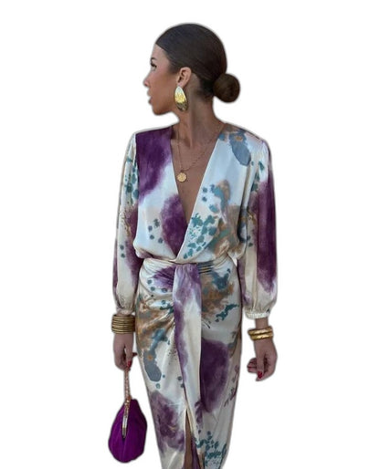 Elegant Floral Maxi Dress for Women with V Neck Long Sleeve Wrap Belted Flowing Cocktail Style