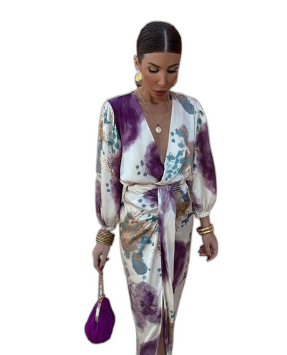 Elegant Floral Maxi Dress for Women with V Neck Long Sleeve Wrap Belted Flowing Cocktail Style