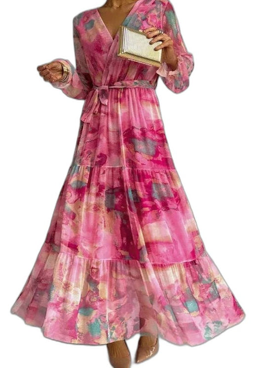 Elegant Floral Maxi Dress for Women with V Neck Long Sleeve Wrap Tiered Belted Party Style