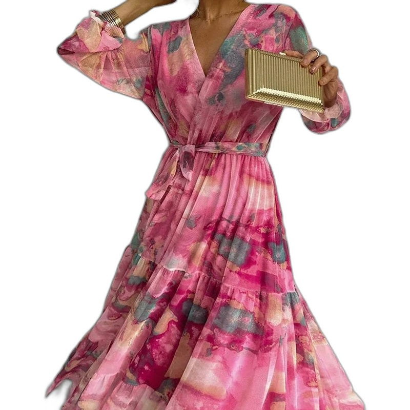 Elegant Floral Maxi Dress for Women with V Neck Long Sleeve Wrap Tiered Belted Party Style