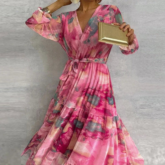 Elegant Floral Maxi Dress for Women with V Neck Long Sleeve Wrap Tiered Belted Party Style