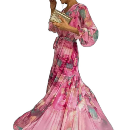 Elegant Floral Maxi Dress for Women with V Neck Long Sleeve Wrap Tiered Belted Party Style
