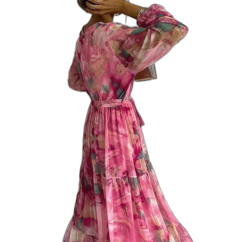 Elegant Floral Maxi Dress for Women with V Neck Long Sleeve Wrap Tiered Belted Party Style