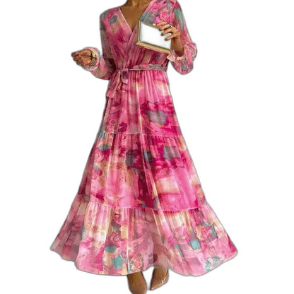 Elegant Floral Maxi Dress for Women with V Neck Long Sleeve Wrap Tiered Belted Party Style