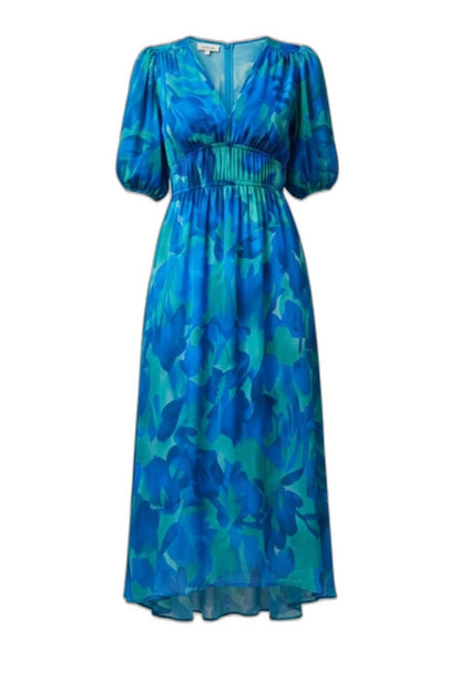 Elegant Floral Maxi Dress for Women with V Neck Puff Sleeve Flowing Empire Waist Cocktail Style
