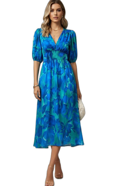 Elegant Floral Maxi Dress for Women with V Neck Puff Sleeve Flowing Empire Waist Cocktail Style