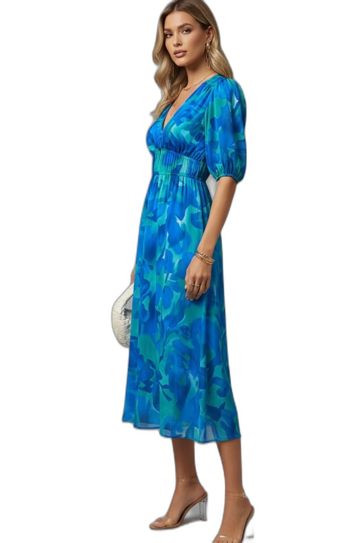 Elegant Floral Maxi Dress for Women with V Neck Puff Sleeve Flowing Empire Waist Cocktail Style