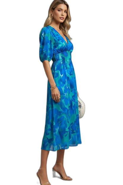 Elegant Floral Maxi Dress for Women with V Neck Puff Sleeve Flowing Empire Waist Cocktail Style