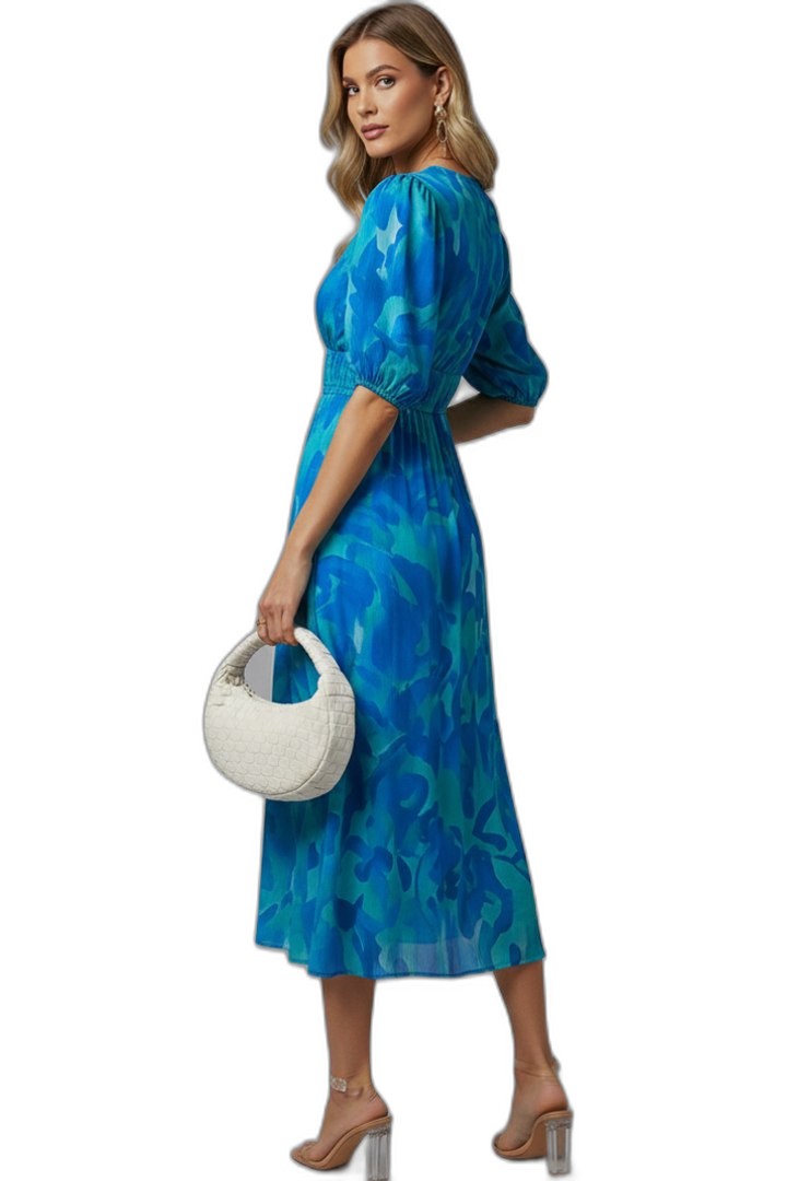 Elegant Floral Maxi Dress for Women with V Neck Puff Sleeve Flowing Empire Waist Cocktail Style