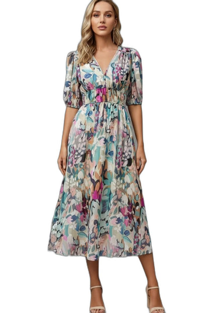 Elegant Floral Maxi Dress for Women with V Neck Puff Sleeve Flowing Empire Waist Cocktail Style