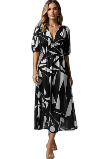 Elegant Floral Maxi Dress for Women with V Neck Puff Sleeve Flowing Empire Waist Cocktail Style