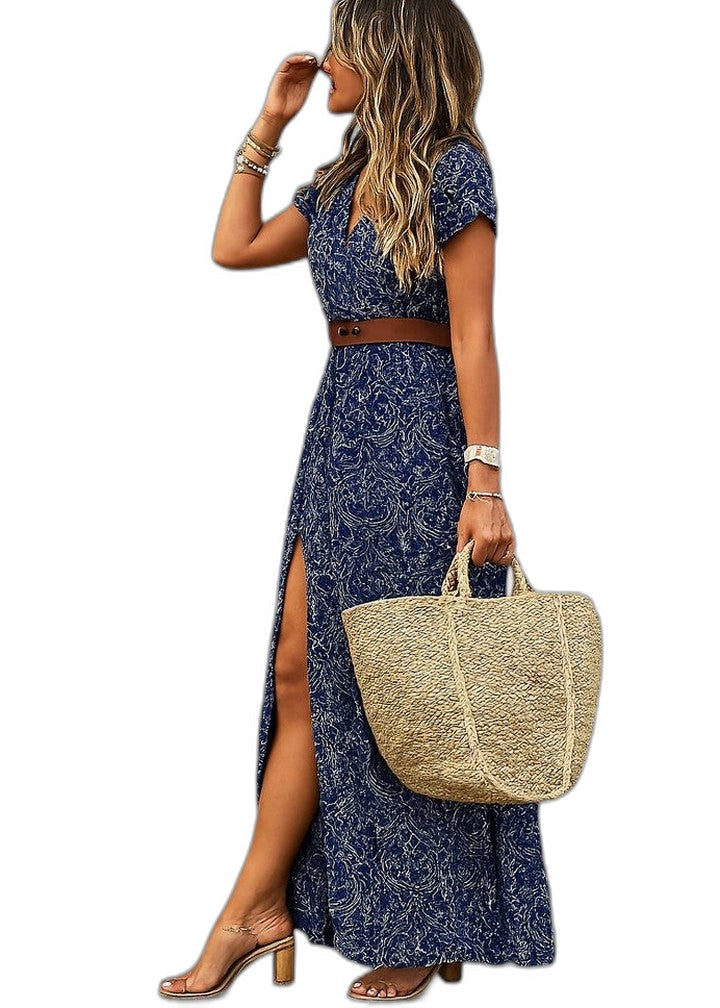 Elegant Floral Maxi Dress for Women with V Neck Short Sleeve Belted Flowing Vacation Style