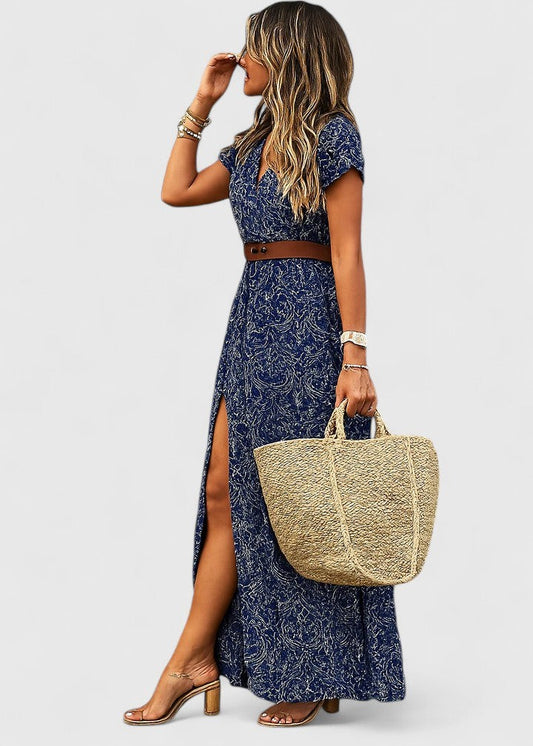 Elegant Floral Maxi Dress for Women with V Neck Short Sleeve Belted Flowing Vacation Style
