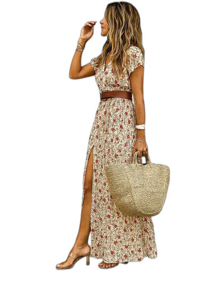 Elegant Floral Maxi Dress for Women with V Neck Short Sleeve Belted Flowing Vacation Style